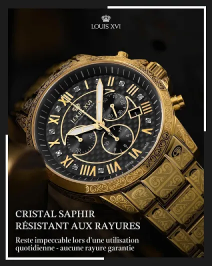 LOUIS XVI Palais Royale - Diamètre 43 mm - Montre pour homme - Étanche - Montre avec verre saphir - Or/argenté/noir - Cadran noir - Mouvement à quartz suisse