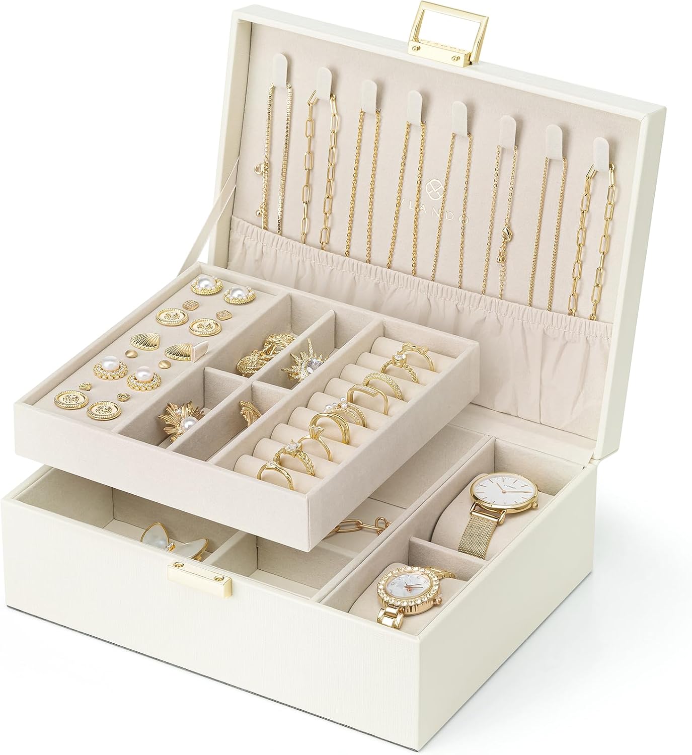 Boîte à bijoux en cuir à 2 niveaux pour femme et fille avec 2 coussins de montres, organisateur de bijoux, boîte à bijoux, idée cadeau, pour montres, bagues, boucles d'oreilles, colliers Beige