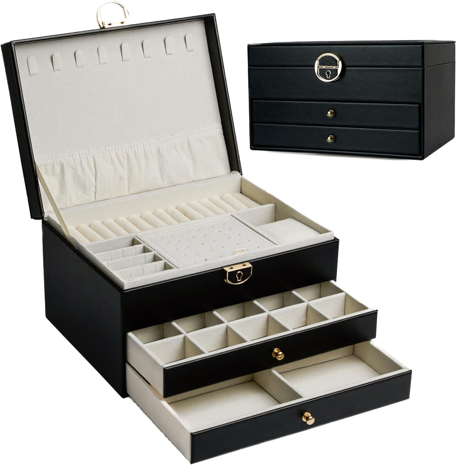 AdelDream Boîte à bijoux à trois étages avec design linéaire rangement de bijoux cadeau d'anniversaire et de vacances pour femme fille et amie noire Noir - 17