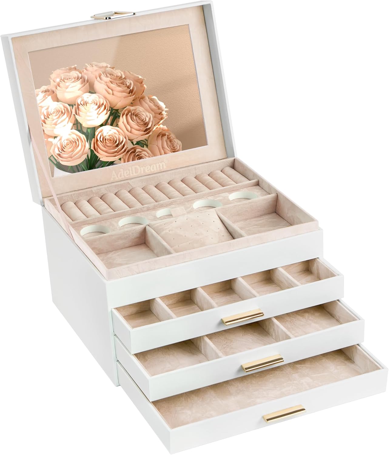 Boîte à bijoux à 4 niveaux avec fermeture Cadeau pour femme fille et amie pour anniversaire couleur crème Crème-19