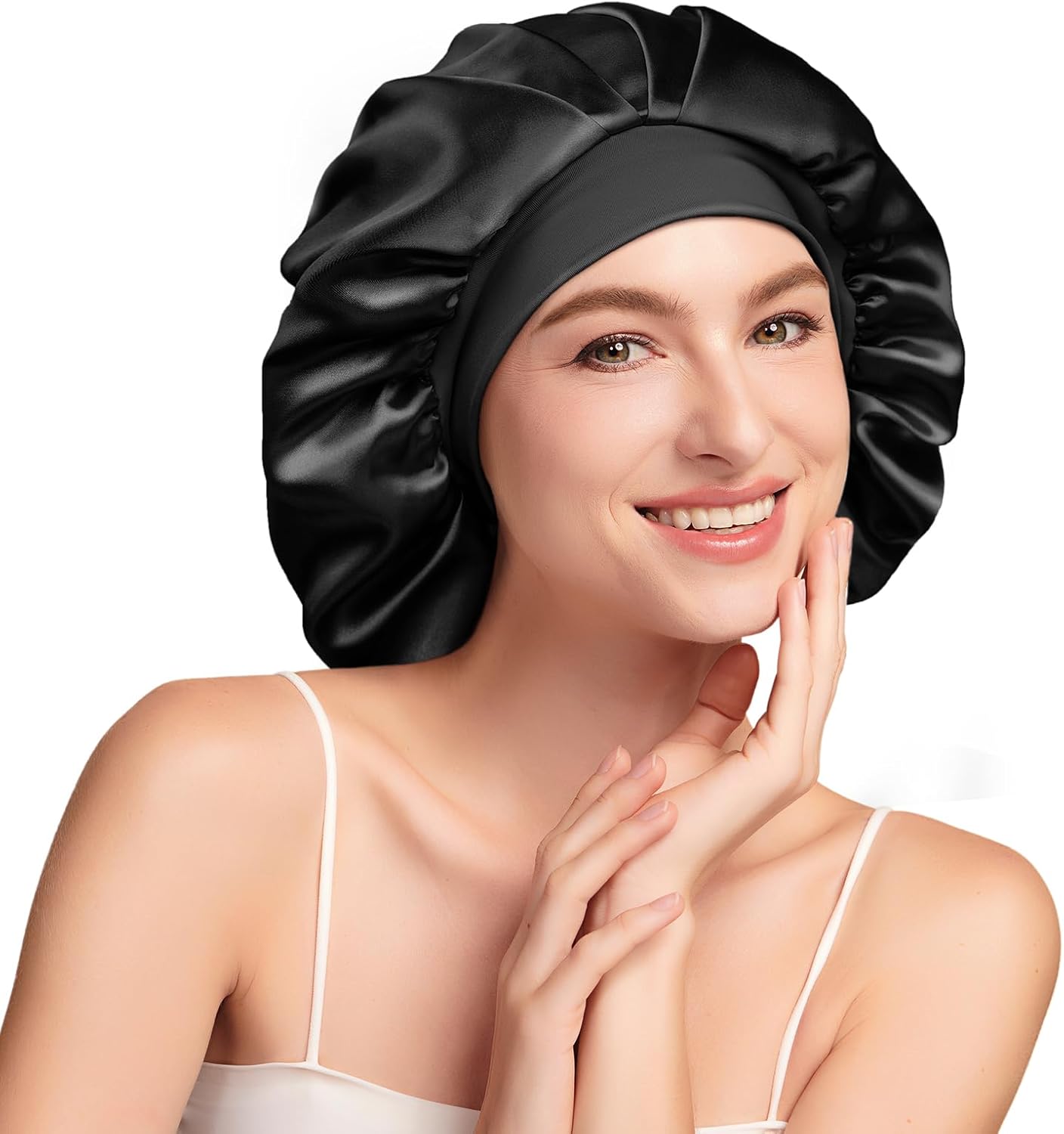 Bonnet Soie Cheveux Nuit avec Doublure 100% Soie de mûrier 22 Momme – Double Couche, Grande Taille pour Cheveux Longs ou bouclés, Bande Large réglable, Ultra-Doux, Noir+Violet