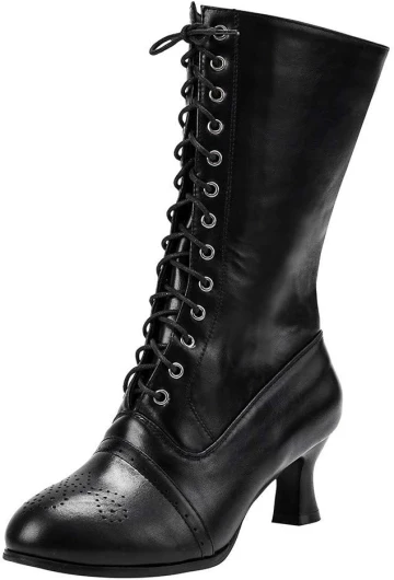 Bottes à lacets pour femme - Longueur mollet - Style victorien - Cuir - Talon Louis - Vintage - Steampunk gothique 39 EU Noir