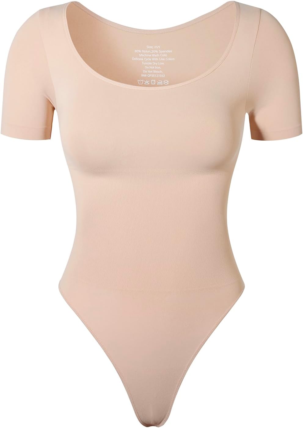 KSKshape Body à manches courtes pour femme, contrôle du ventre, encolure dégagée, body galbant, t-shirt Beige M-L