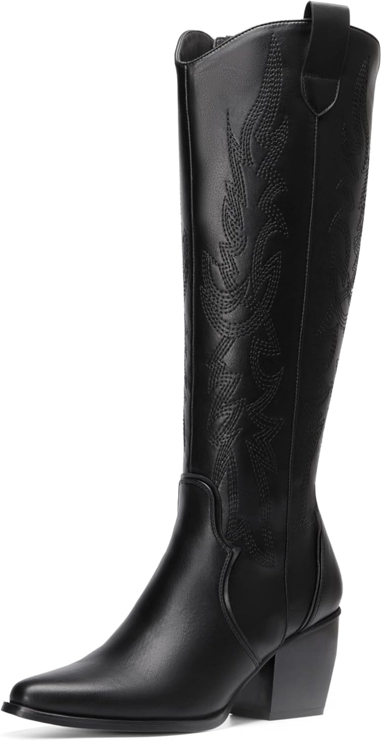 Bottes Femme Elégantes avec Talon Haut Botte de Cow-Boy Western avec Eclair Latérale Cuissarde Confortable 38.5 EU Noir Pu