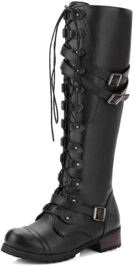 SYJYM Mode Femmes Genou Bottes Hautes Lacets Plate-forme Chaussures Sexy avec Boucle PU Rétro Boucle Chaussures De Luxe Bottes Designer Noir 38 EU