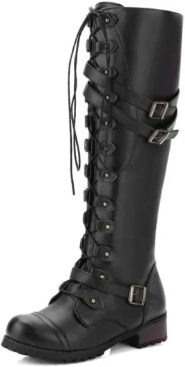 SYJYM Mode Femmes Genou Bottes Hautes Lacets Plate-forme Chaussures Sexy avec Boucle PU Rétro Boucle Chaussures De Luxe Bottes Designer Noir 38 EU