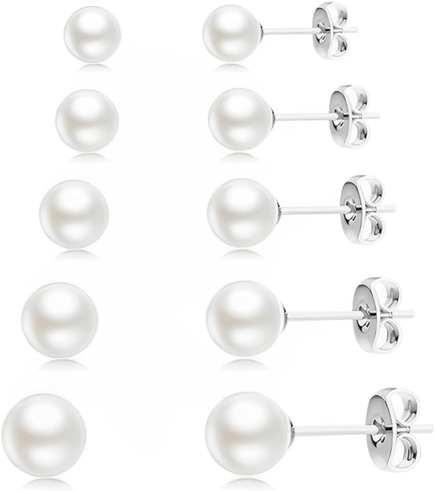 HABNI 5 Paires De Boucles D'Argent 925 Perles Boucles D'Oreilles Perles Pour Les Femmes D'Eau Douce Blanches Oreille Bijoux 4Mm/5Mm/6Mm/7Mm/8Mm
