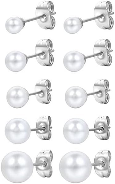 5 Paires Boucles d'oreilles Perles d'argent 925 Perles Boucle d oreille perles blanches Boucles d'oreilles Dames Boucles d'oreilles pour Les Femmes Perles d'eau Douce Blanches Oreille Bijoux(4-8mm）
