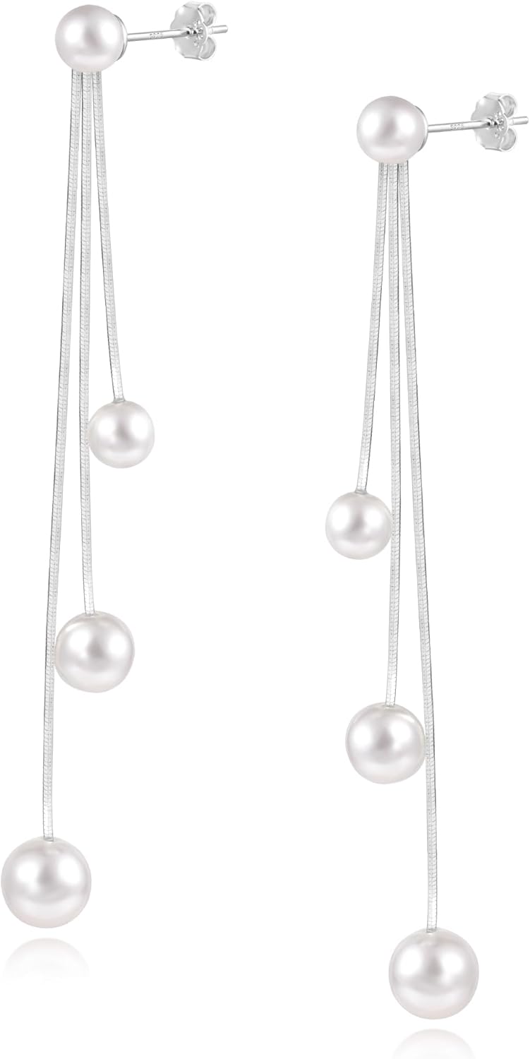 Boucles d'OreilleFemme Perles Argent 925/Or Pendante Longues, Plaqué Or 14 Carats, Cadeaux Bijoux