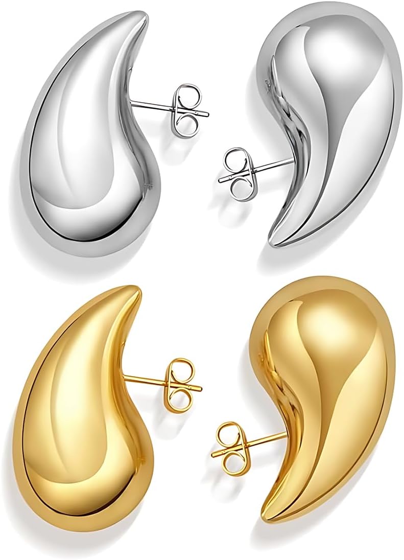 2 pièces Boucles d'oreilles créoles épaisses Hypoallergénique Boucles d'oreilles Gouttes d'eau Boucles d'oreilles Large Argent Sterling Boucles créoles pour Femme Poids léger Goutte d'eau Larme