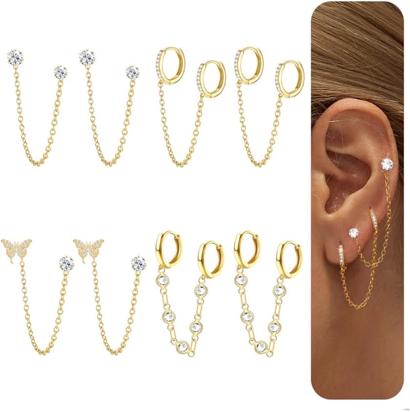 Diamday 4 Paires Boucles d'Oreilles Femmes Plaquée Or 14K Boucle d'Oreille Pendantes Acier Inoxydable Piercing Oreille Dangle Chaîne Boucles d'Oreilles Helix Tragus Double Piercing Créoles
