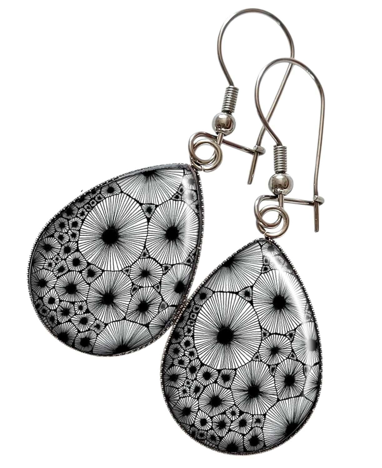 Boucles d'oreilles gouttes Éclosion bijou cabochon dandelion noir et blanc