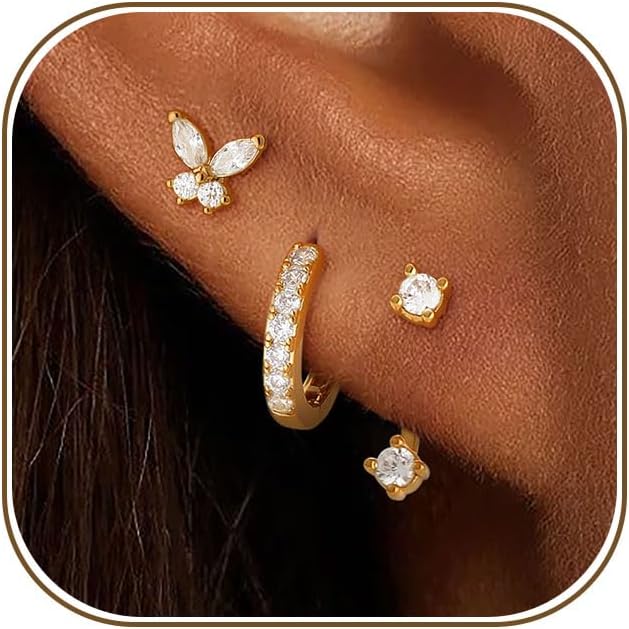 3 Paires Boucles d'oreilles Argent 925 pour Femme Fille Plaquée Or 14K Boucle d'oreille Zirconium Papillon Creoles Piercing Oreille Cartilage Helix Clous d'oreilles pour Piercings Multiple