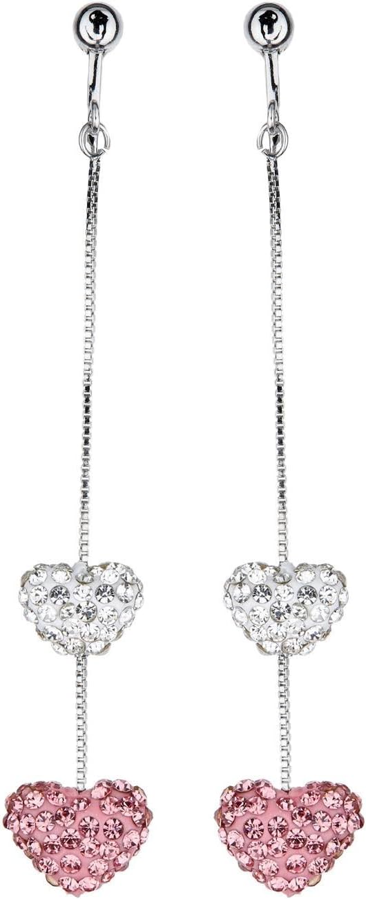 Boucles d'oreilles clips - Plaqué argent avec une chaîne à maillons coeur de cristal clair et rose - Chloe par Bello London