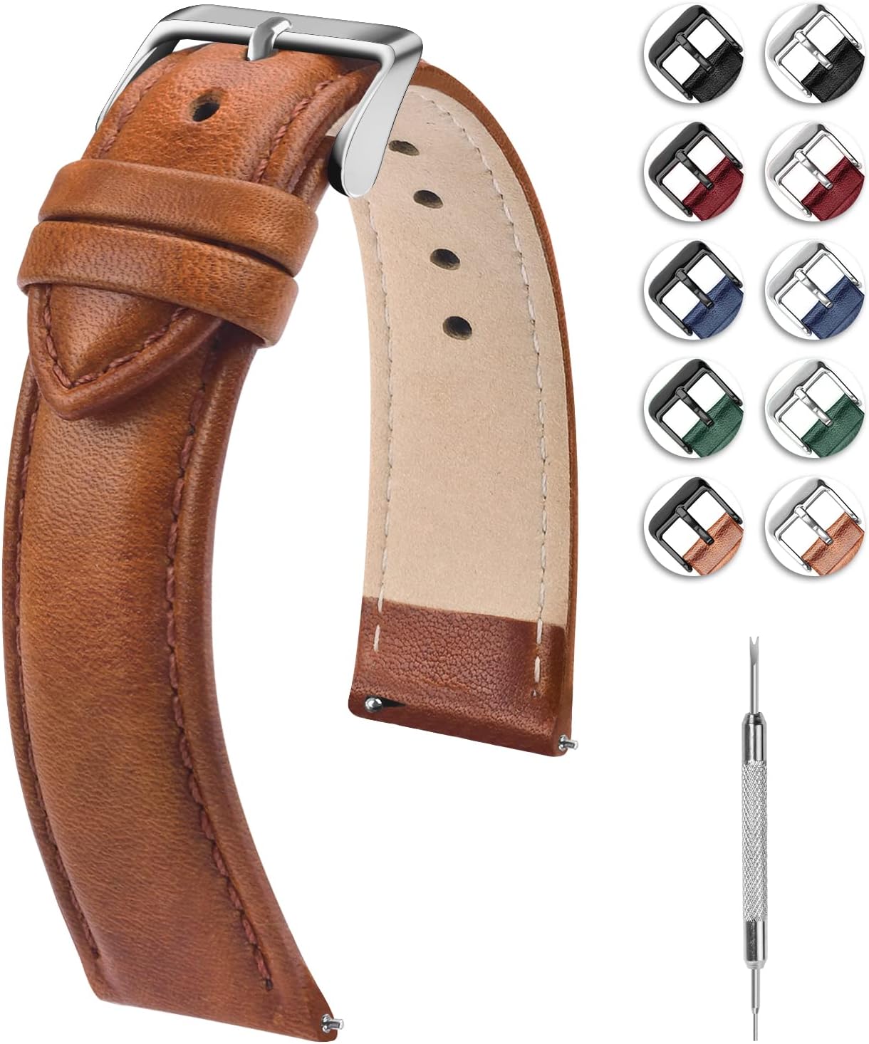 Bracelet de montre 18mm,bracelet de remplacement en cuir véritable, bracelet de montre interchangeable pour hommes et femmes, 22 mm Marron Dégradé +Boucle Argentée Marron Dégradé +Boucle Argentée 22mm