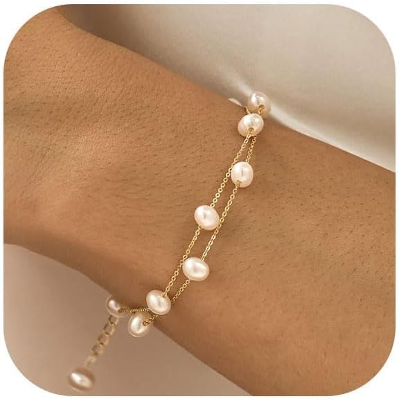 Cadeau pour Femme, Bracelet Double en Perles Blanches et Dorées, Ajustable et Élégant, en Acier Inoxydable, Idéal pour Toutes les Occasions, Chaîne Trombone, Design Raffiné et Tendance (16 cm)