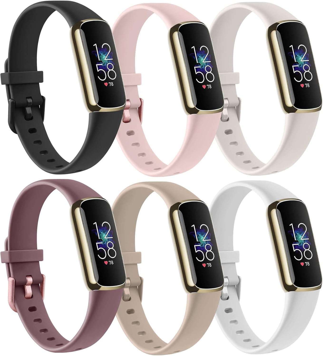 Vancle Lot de 6 bracelets de rechange en silicone pour Fitbit Luxe, pour homme et femme s Noir/Starlight/rose/thé laiteux/violet/blanc