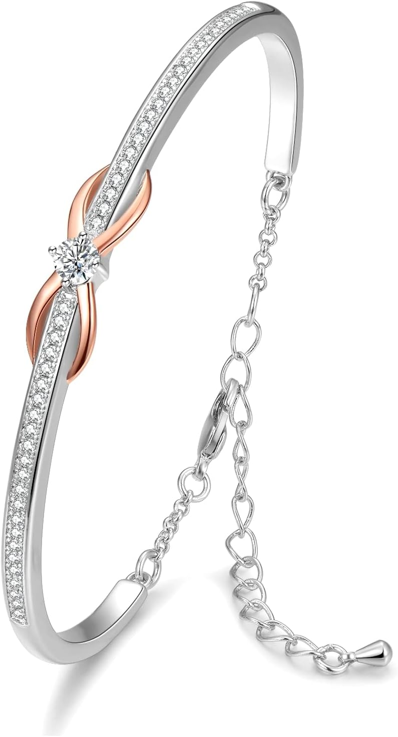 Bracelet Cœur Infinité Pour Femme 18K Plaqué Or Blanc Rose 5A Zircone Cubique Réglable Chaîne Breloques Bijoux Cadeau pour Femme Anniversaire Fête des Mères Noël Saint Valentin A-Plaqué Or Rose
