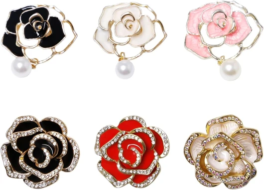 Sxutop 6 Pièces Élégante Broches de Camélia pour Femme, Broche de Strass de Mode Alliage Perles Broches Pin Vintage Badge Corsage Épingle Bijoux Accessoires pour Vêtements Robe Blazer Foulards