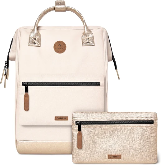 CABAIA - Sac à Dos Adventurer - Déperlant - Compartiment Ordinateur Portable - 2 Poches - Certifié Vegan - Sac Voyage, Affaires, École pour Homme et Femme - Beige/Blanc