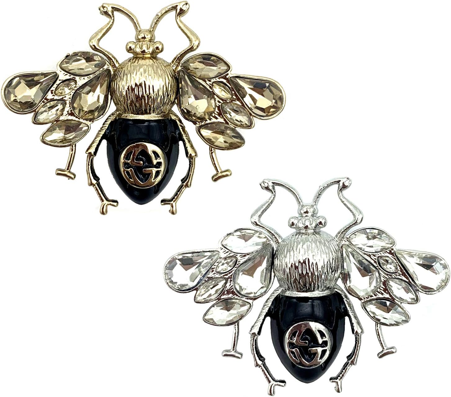 CAREOR Lot de 2 broches rétro en forme d'abeille avec strass pour femme élégante pour occasions formelles et fêtes (doré + argent), Plastique