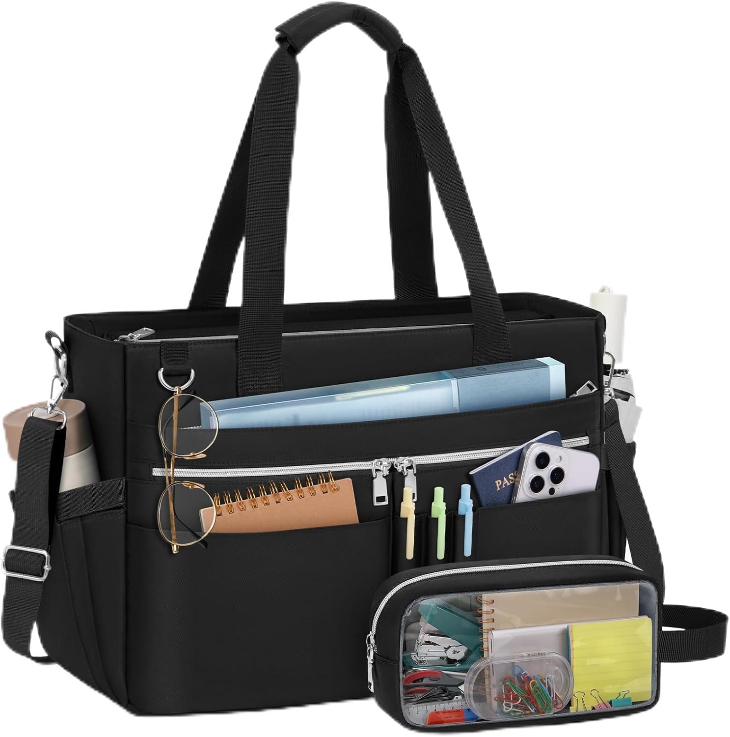 RAINSMORE Sac Cabas Femme Grande Sac d'enseignant Sacs a Main pour Ordinateur Portable 15,6 Pouces Résistant à l'eau Sac Fourre Tout pour Université Quotidien Noir