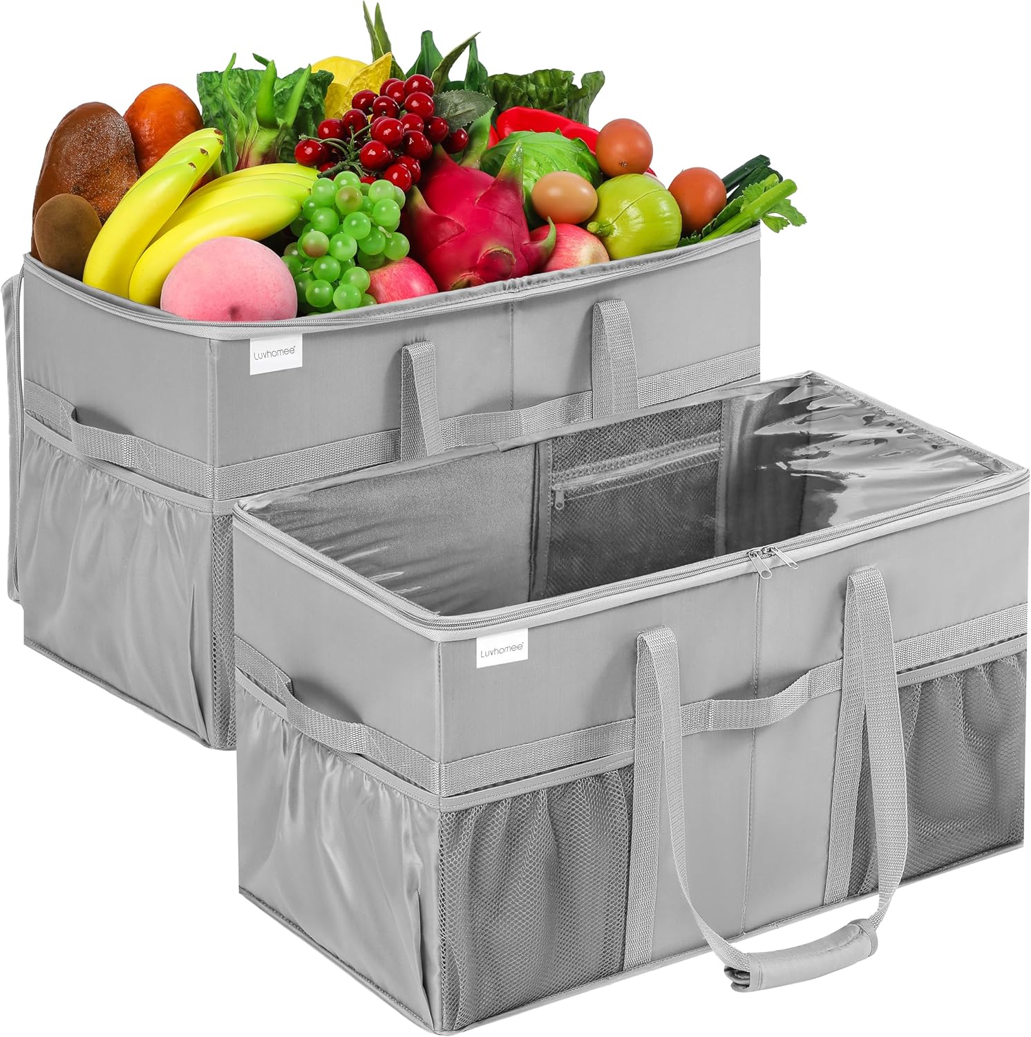 Lot de 2 Grands Cabas Réutilisables Extra-Larges - Sacs de Courses Solides et Résistants avec Poches et Poignées - Sacs Pliables pour Provisions - Cabas Escamotables avec Couvercles Très Résistant