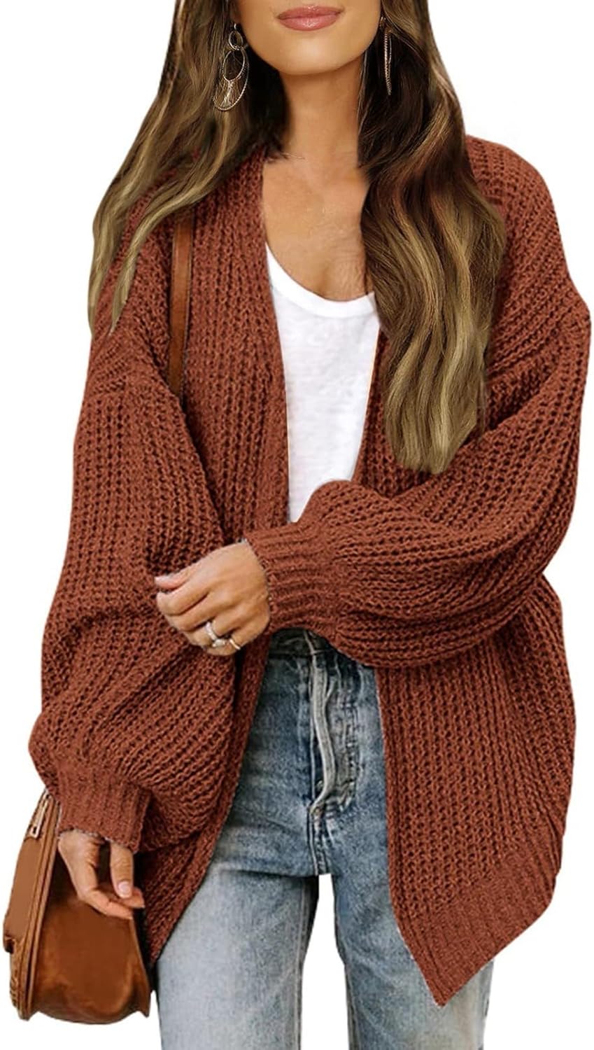 Cardigan léger à col en V pour Femme Décontractée Pull Cardigan Long à Manches Longues en Tricot torsadé Ouvert sur Le Devant 02-café XL