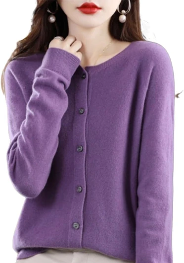 LJFIWY Cardigan en cachemire pour femme, cardigan 2024 en cachemire boutonné sur le devant, pull extensible en tricot doux et chaud, violet, L