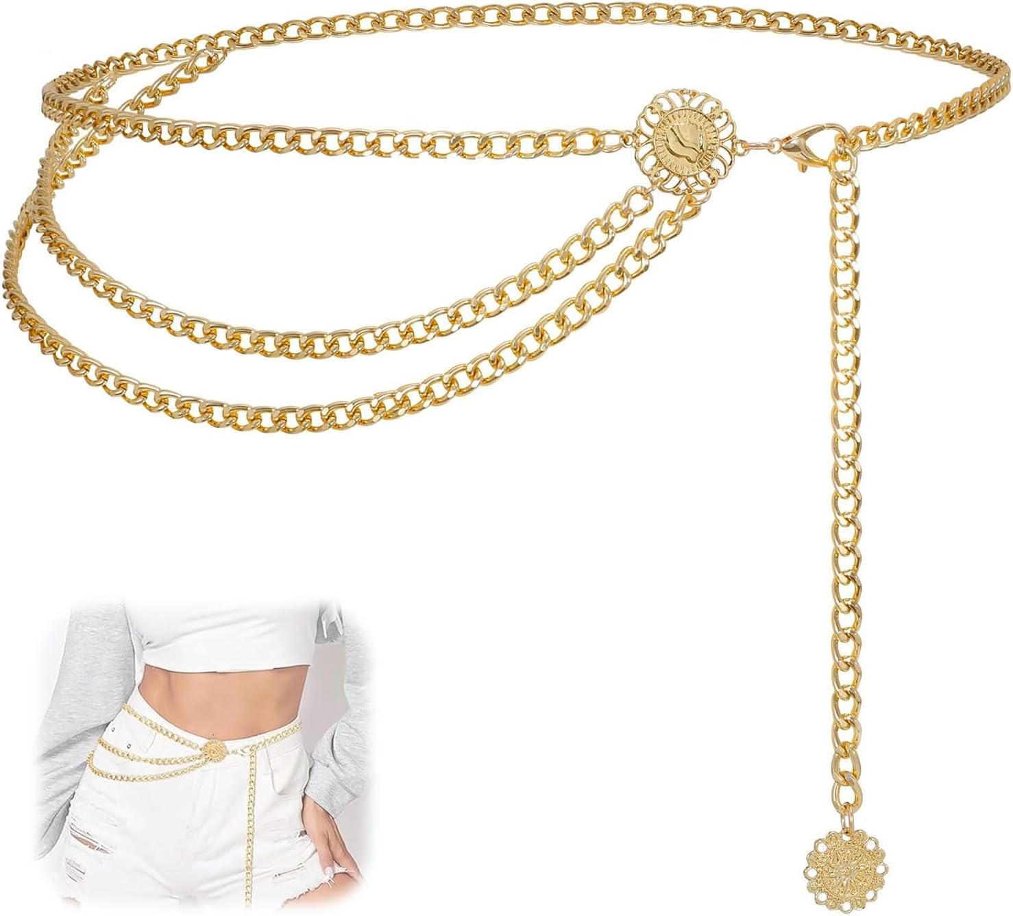 AzureRay Ceinture Dorée Chaîne Multicouche pour Femmes, Taille Ventre Réglable Ceinture Chaine Dorée Élégante pour Jeans & Robes, Style Western Cowgirl