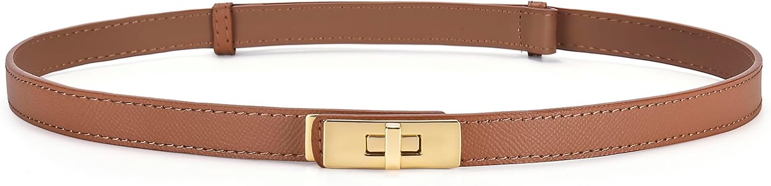 HATOFES Ceinture réglable en cuir skinny pour femme - Alliage solide - Fermeture rotative - Fine - Ceinture décorative pour robes, jeans, pantalons Caramel/Doré