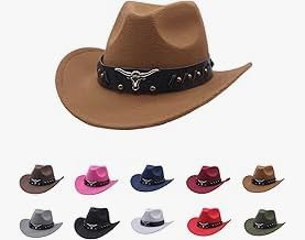 Chapeau Cowboy Homme Femme, Chapeau de Cowboy Classique Western pour Homme et Femme à Large Bord en Feutre avec Bandeau Taureau,Chapeaux Western Festival, Soirée