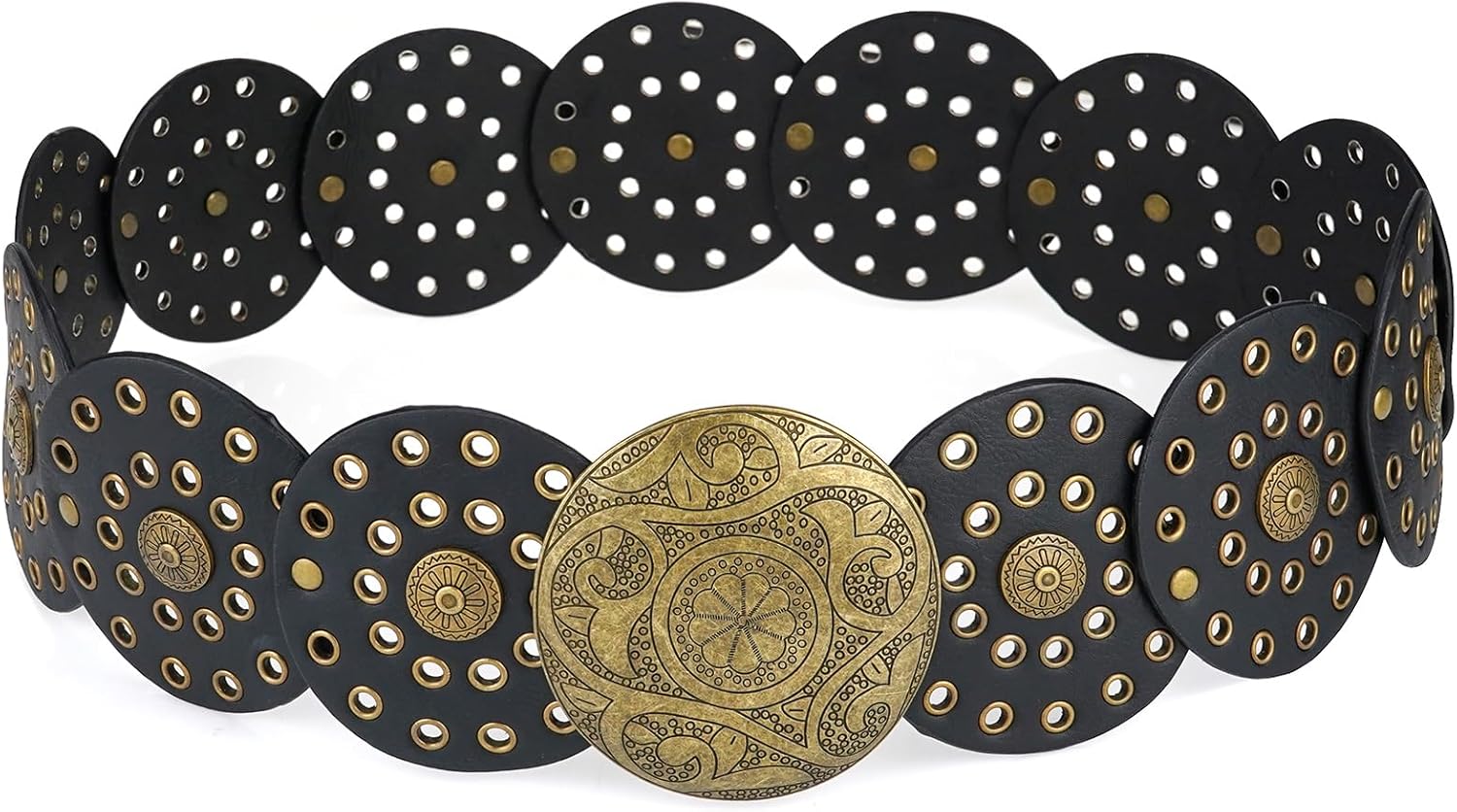 BAOKELAN Ceintures à larges disques pour femmes Ceinture à maillons en cuir Concho Ceinture de taille occidentale Boho pour la robe