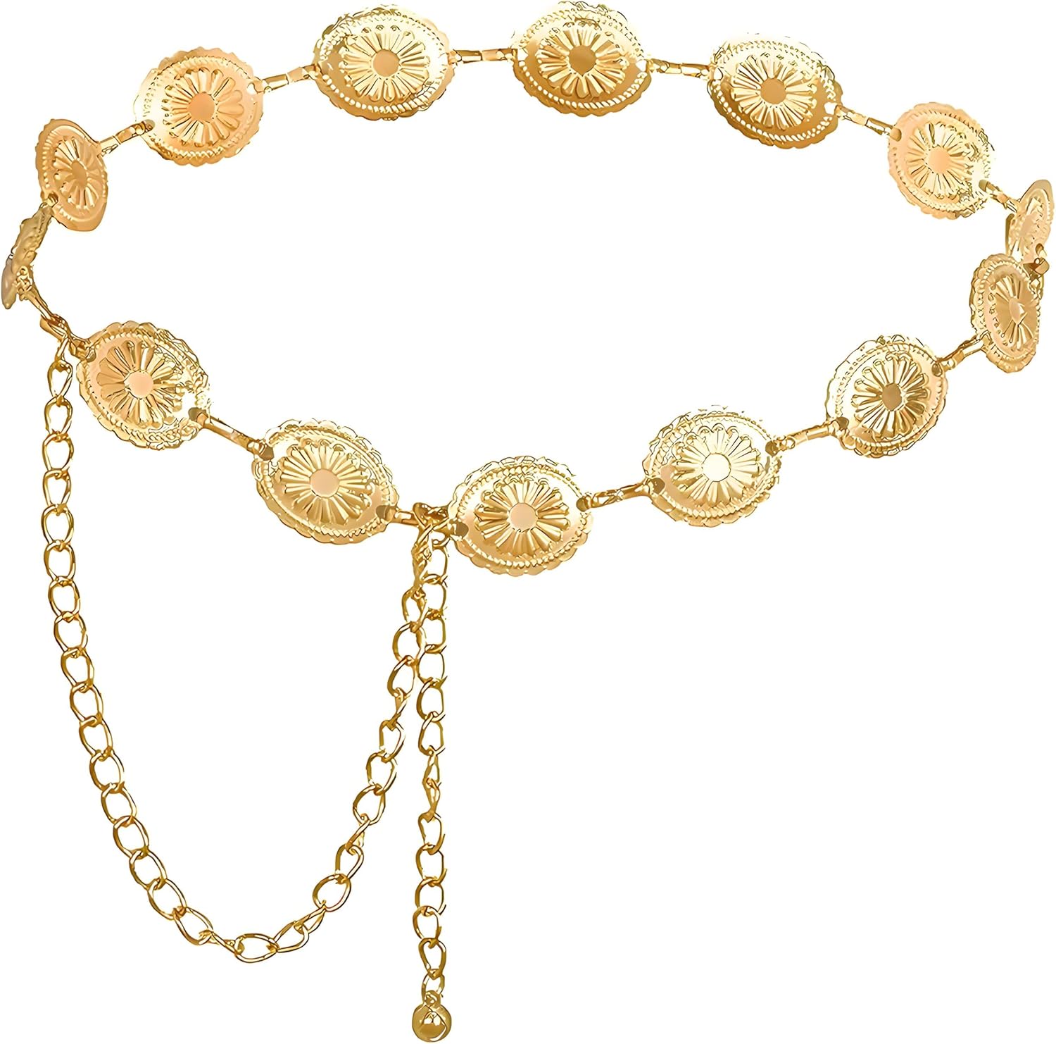 Nokwocy Ceinture Femme en Métal,Ceinture Dorée Avec Marguerite Creuse,Boucles Réglables,Western Femme en Métal Convient pour Robes,Jeans,Pulls,élégantes Metal Concho Belt-gold