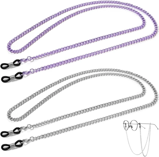 Culinavog Chaine Lunettes Femme, 2 Pieces Élégant Chaine Lunettes de Soleil pour Femmes, Cou Cordon Bandeau Lanière, Élégant Accessoire Mignonnes Colorées pour Hommes, Enfants (Argent, Violette)