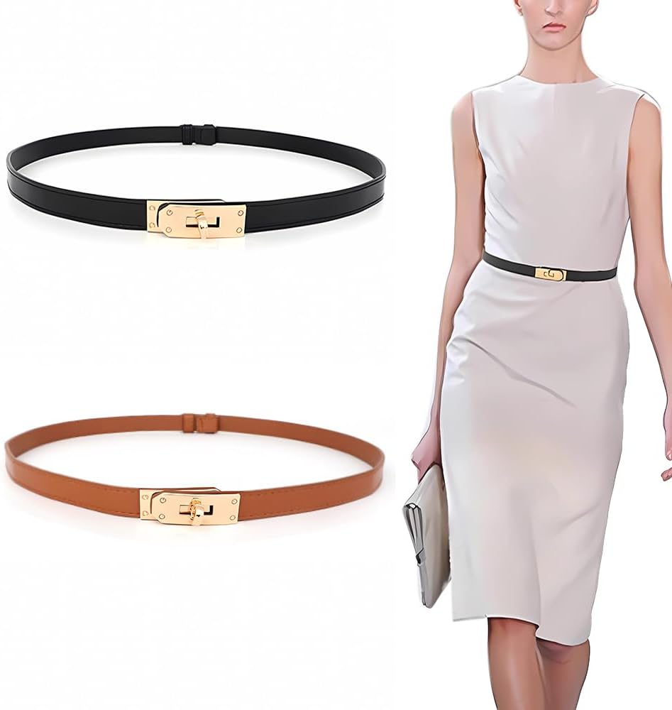 SSyang 2 Pcs Ceintures Femme, Ceinture Fine, Ceintures Sans Boucle Femme, Ceinture Marron/Noir, Boucle Torsadée en Alliage, PU Cuir, Mode Point de Mire Pattern, pour Jeans, Robes, Vêtements