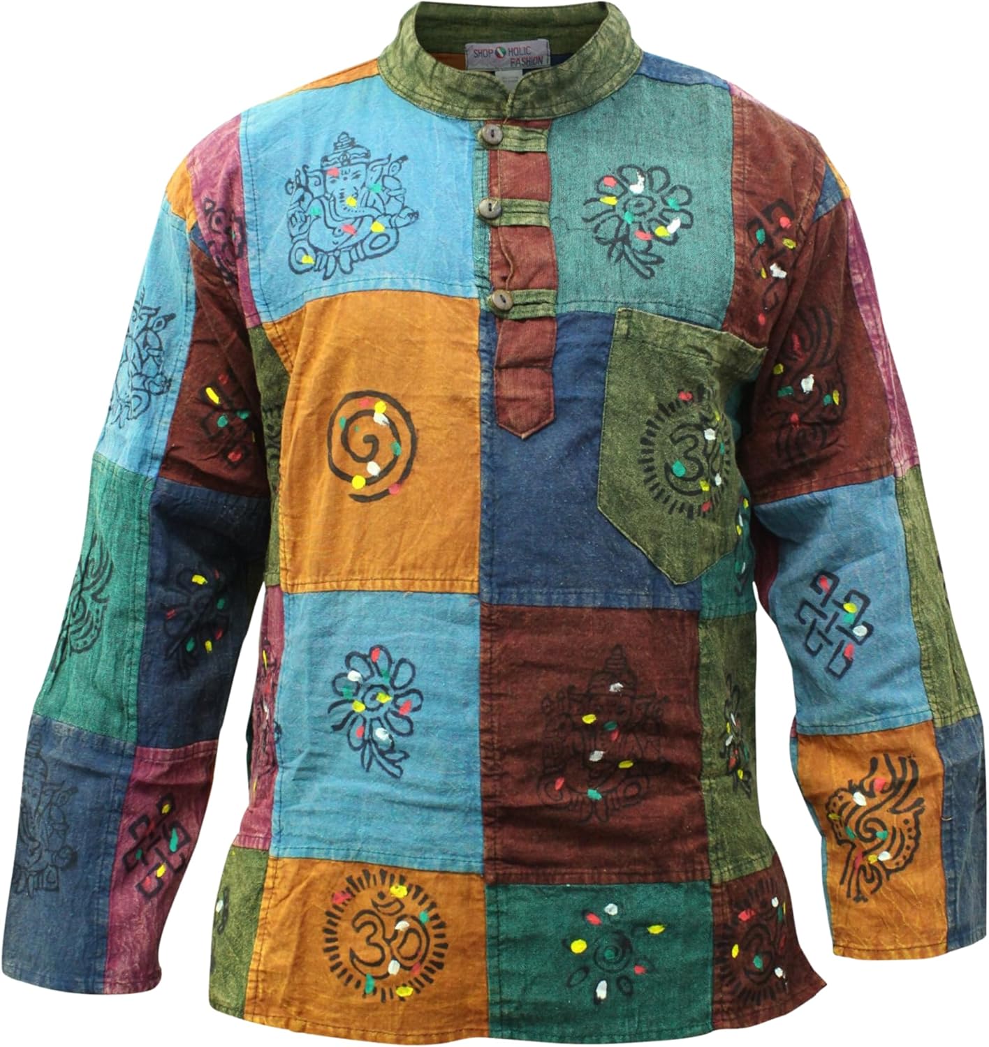 SHOPOHOLIC FASHION Chemise Grand père Festival Hippie Délavée à la Pierre avec Rayures Patchwork