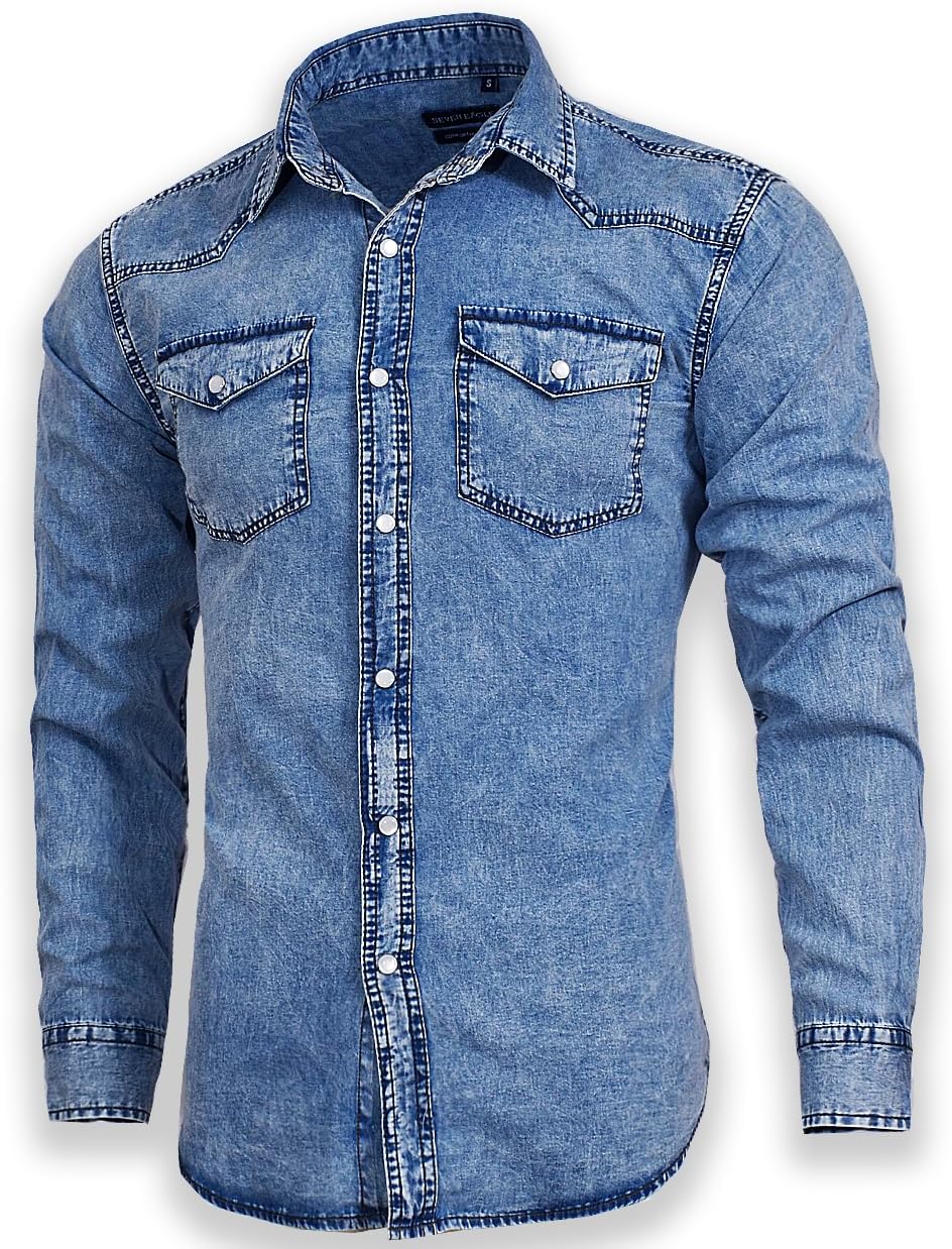 SEVEN EAGLE Chemise en Jean à Manches Longues et Double Poche pour Homme L Indigo Snow