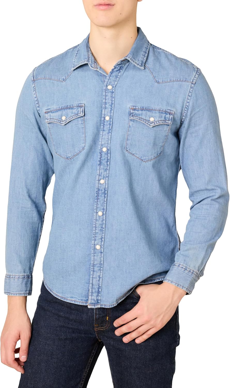 Homme Chemise en Jean à Manches Longues avec Boutons-Pression, Coupe Ajustée M Bleu Clair