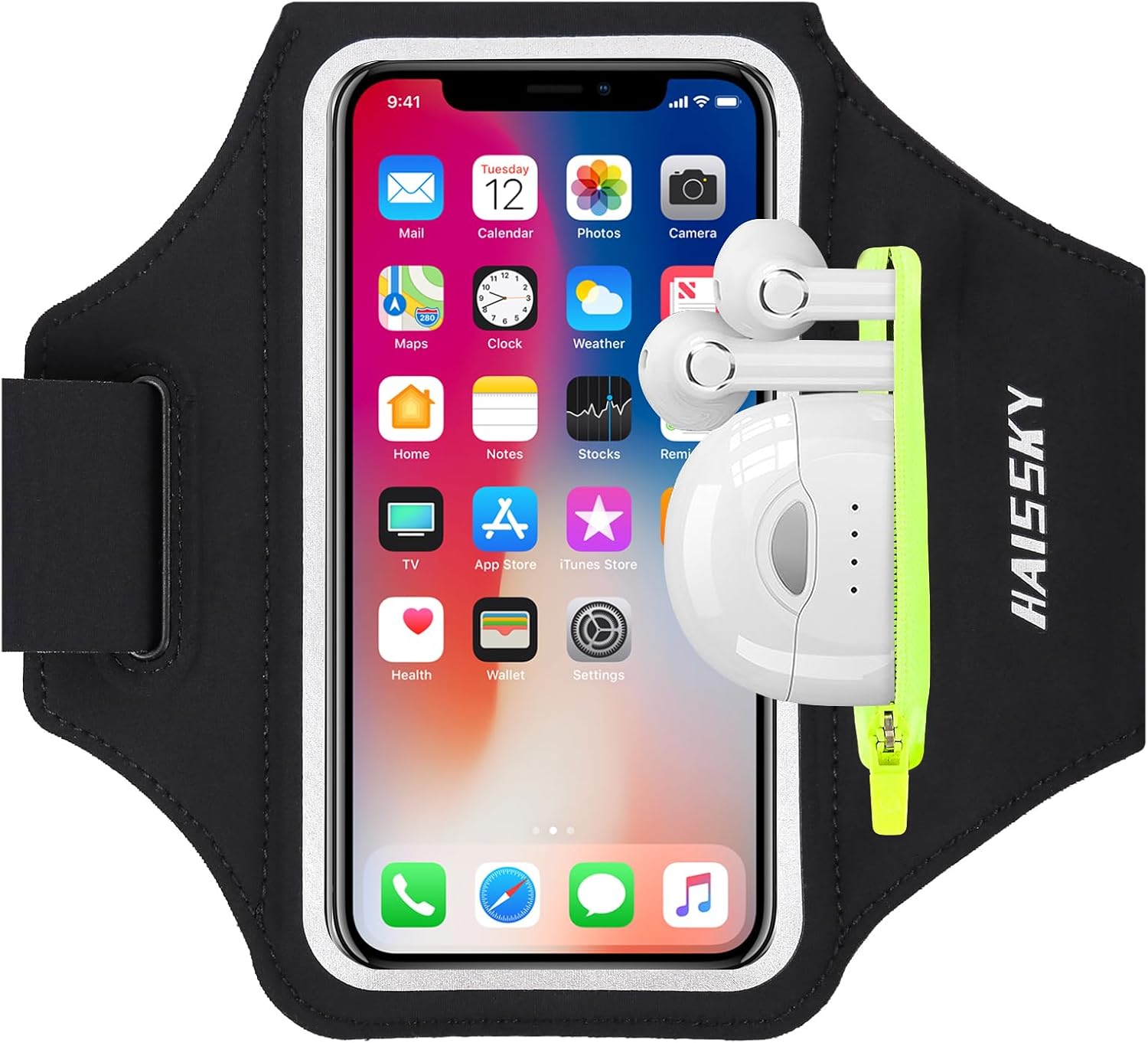 HAISSKY Brassard de Sport avec Poche Écouteur, Brassard Sport pour iPhone 14 13 12 11 Pro Max XR XS X 8 7, Brassard Telephone Smartphone Running Brassard pour Jogging Cyclisme Randonnée (Noir) Noir(Jusqu'à 6,9")
