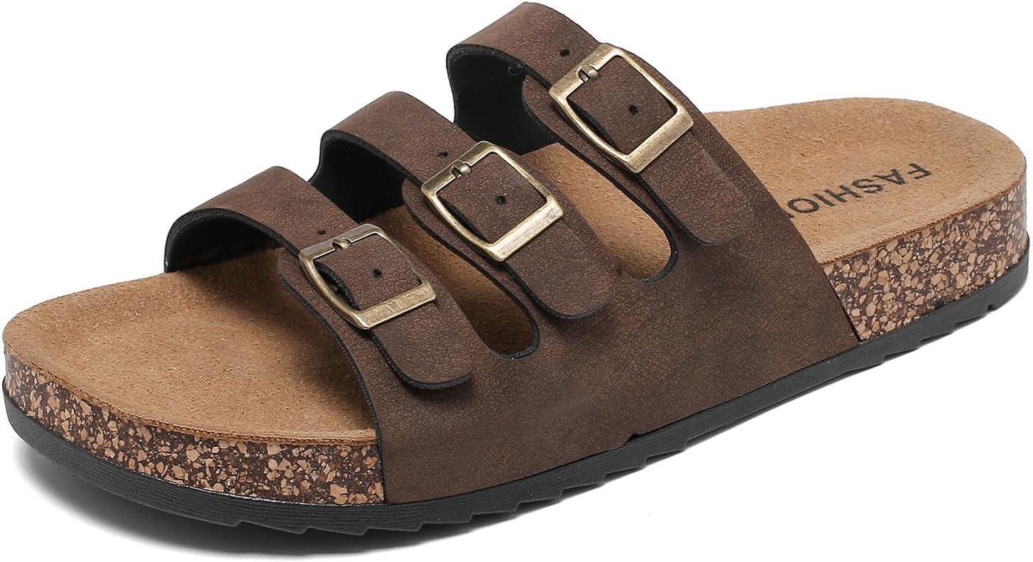 Zaxunai Sandales Mules Femme & Homme en Liège – Claquettes Plates en Cuir à Bout Ouvert, Confortables pour Été et Plage Brun 40 EU
