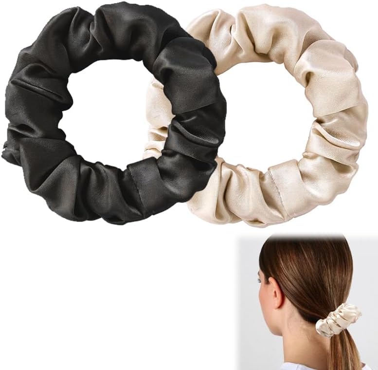 Azlanway Lot de 2 chouchous en satin pour femme - 100 % satin brillant contre les frisottis et la casse - Élastiques doux sans traces - Noir et champagne - Accessoires de soins capillaires pour tous