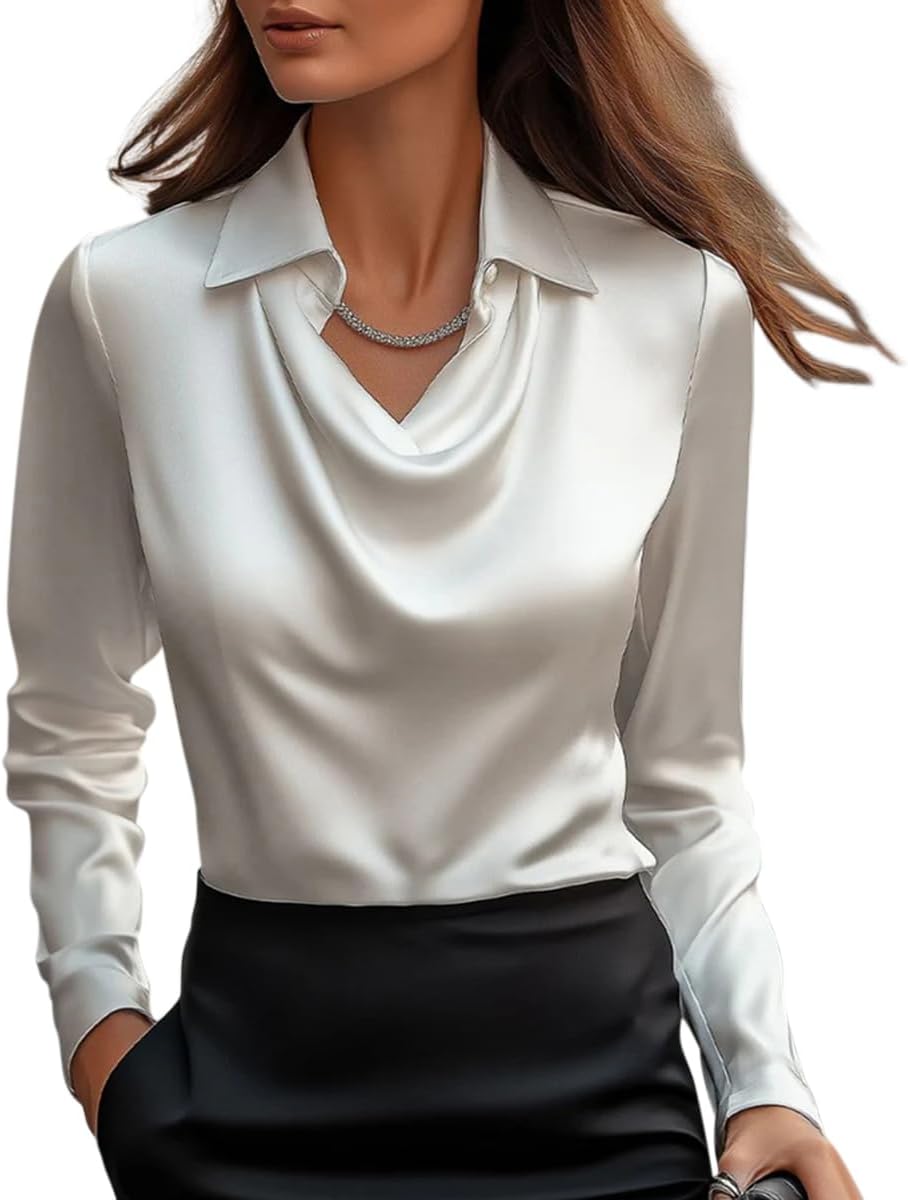 Onsoyours Chemisier Femme Satin à Col en V Manches Longues Chemise Chic et Élégante Casual Soie Shirts Tops