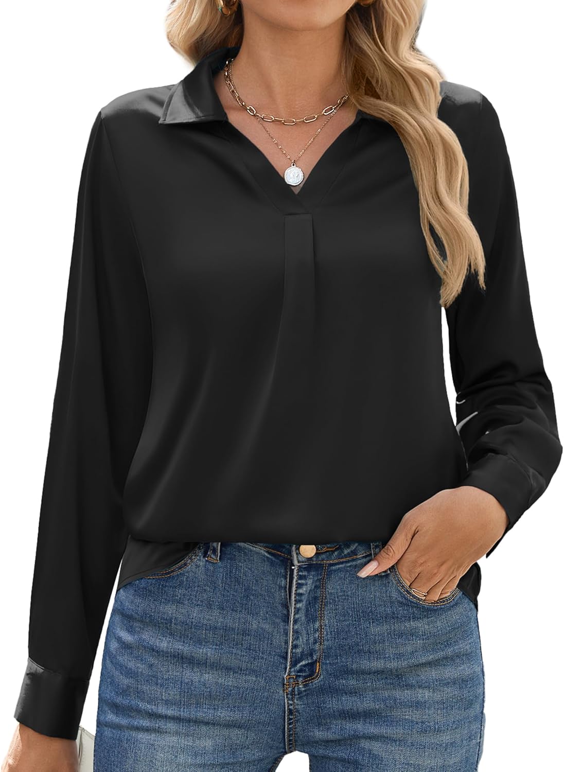 Chemisier en satin pour femme - Manches longues - Élégant - Col en V - En soie - Couleur unie Noir M