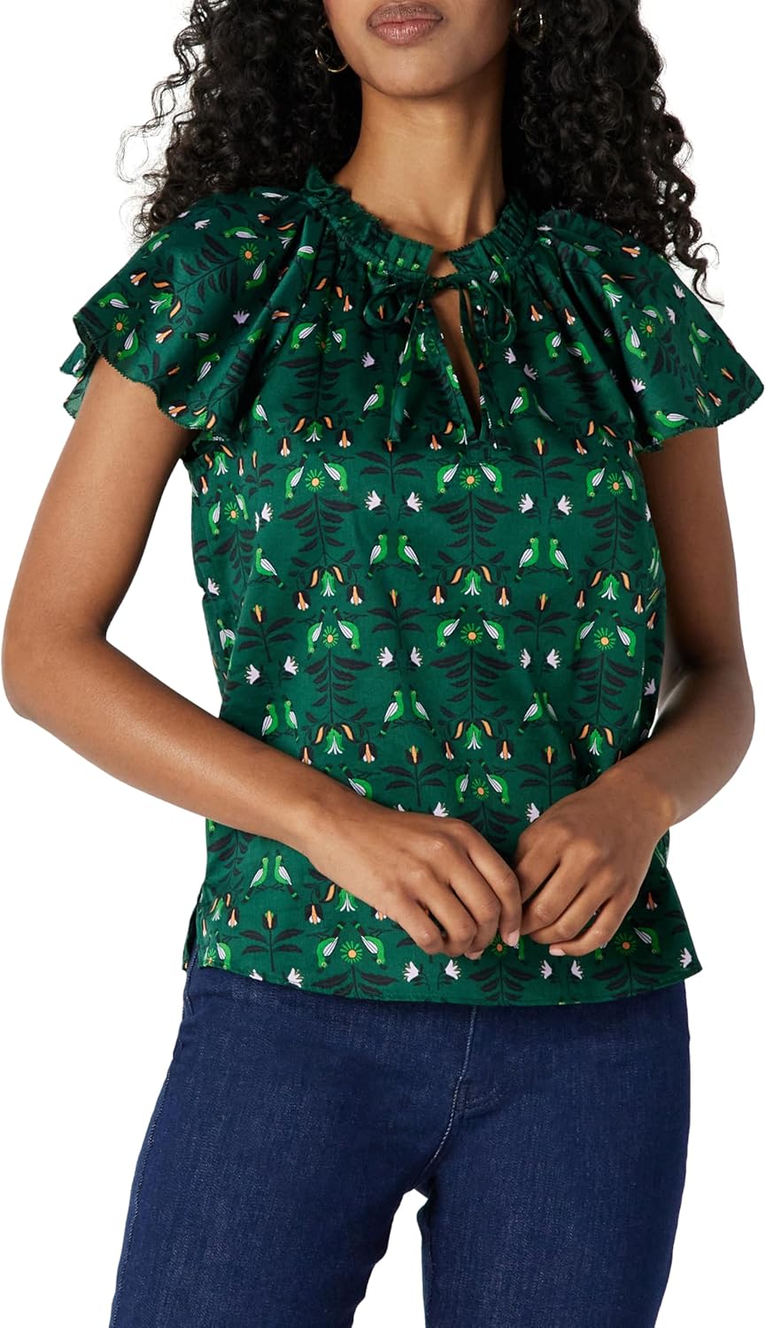 Chemisier Décontracté en Satin de Coton à Manches à Volants Femme M Vert Foncé Vert Oiseaux