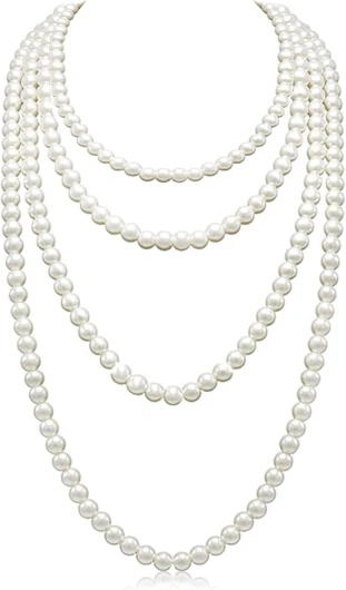 Ormromra Collier de perles d'imitation, blanc, 150 cm, accessoire de costume, long collier de perles, pour femme, blanc, élégant, chaîne tendance pour fête, bal de fin d'année, mariage, festival,