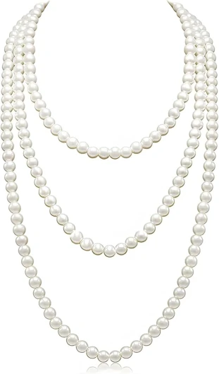 Jidyllic Collier de Perles Art Déco, 150 cm, Perles d'Imitation Blanc, Plastique ABS, Unisex Adulte