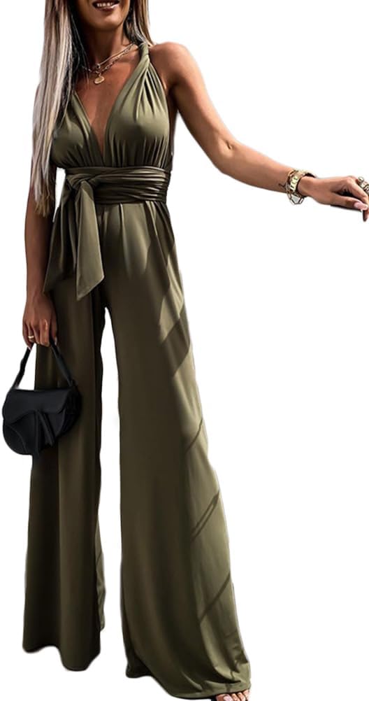 Nicticsi Femmes Combinaison Col V Jumpsuit Élégant sans Manches/Manches Courtes Playsuit Couleur Unie Long Pantalon Cocktail Soirée Cérémonie Romper C-armée Verte XL