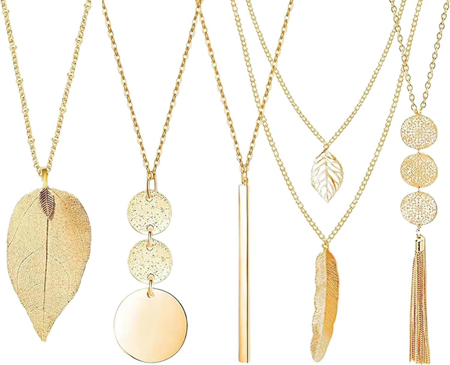 LIUYIDM 5 Pièces Sautoir Femme Long Boheme Sautoir Femme Long Doré collier long Chaîne Colliers Barre Plume Cercle Feuille Pendentif Y Collier Mode Chandail Collier Bijoux