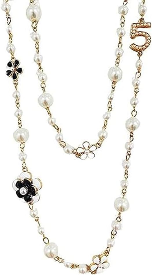 MaeyInsid Fashion Design Chic Long Collier de Perles Vintage Imitation Flower Number 5 Long Layered Necklace for Women